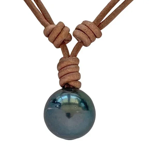 16mm Genuine Goutte Baroque Tahitian Pearl in Light Brown Greek Leather Necklace